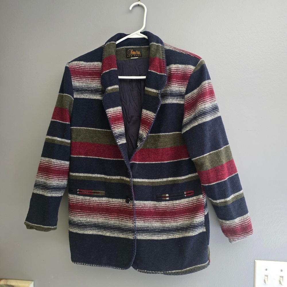 David Paul New York Boho Western Vtg Striped Wool Blend Blazer Jacket Medium